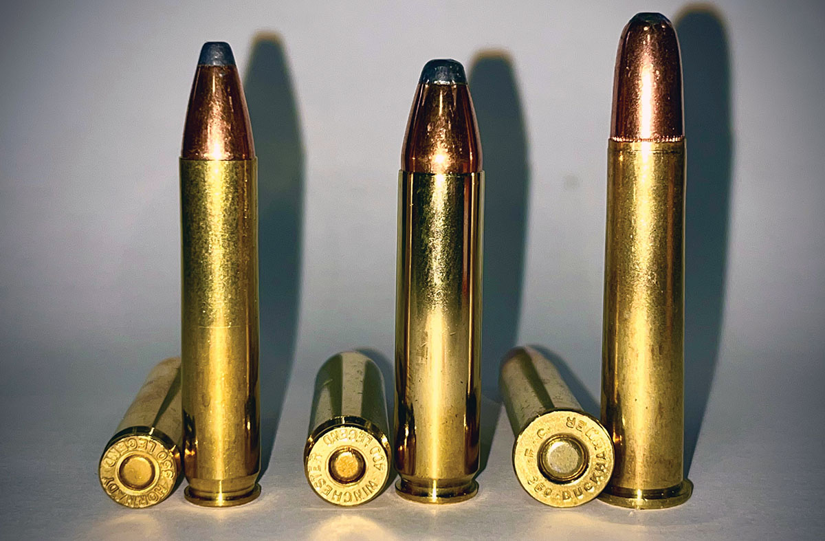 Three of the newest straight-walled, big-game cartridges include from left to right, Winchester’s 350 Legend and 400 Legend and the 360 Buckhammer.